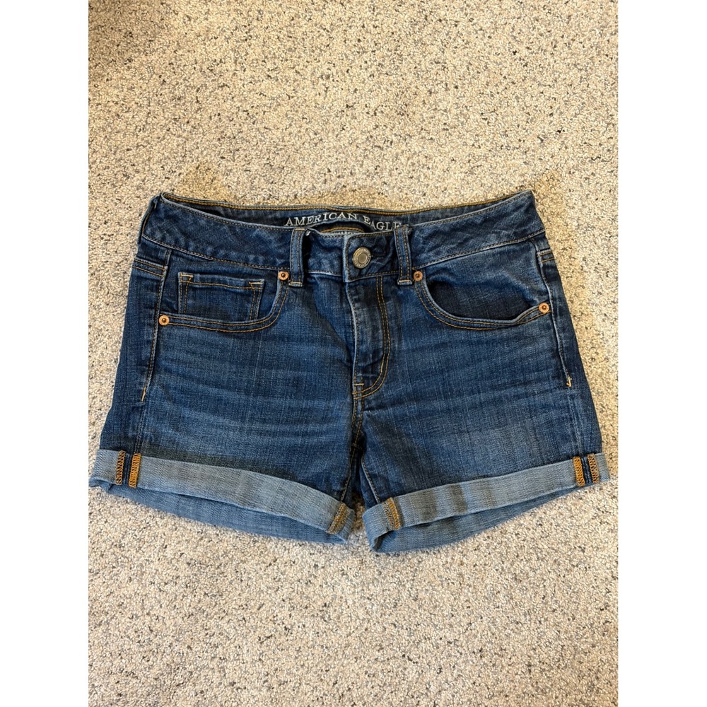 American Eagle Midi Denim Shorts Womens 6 Dark Wash Cuffed Super Stretch Indigo